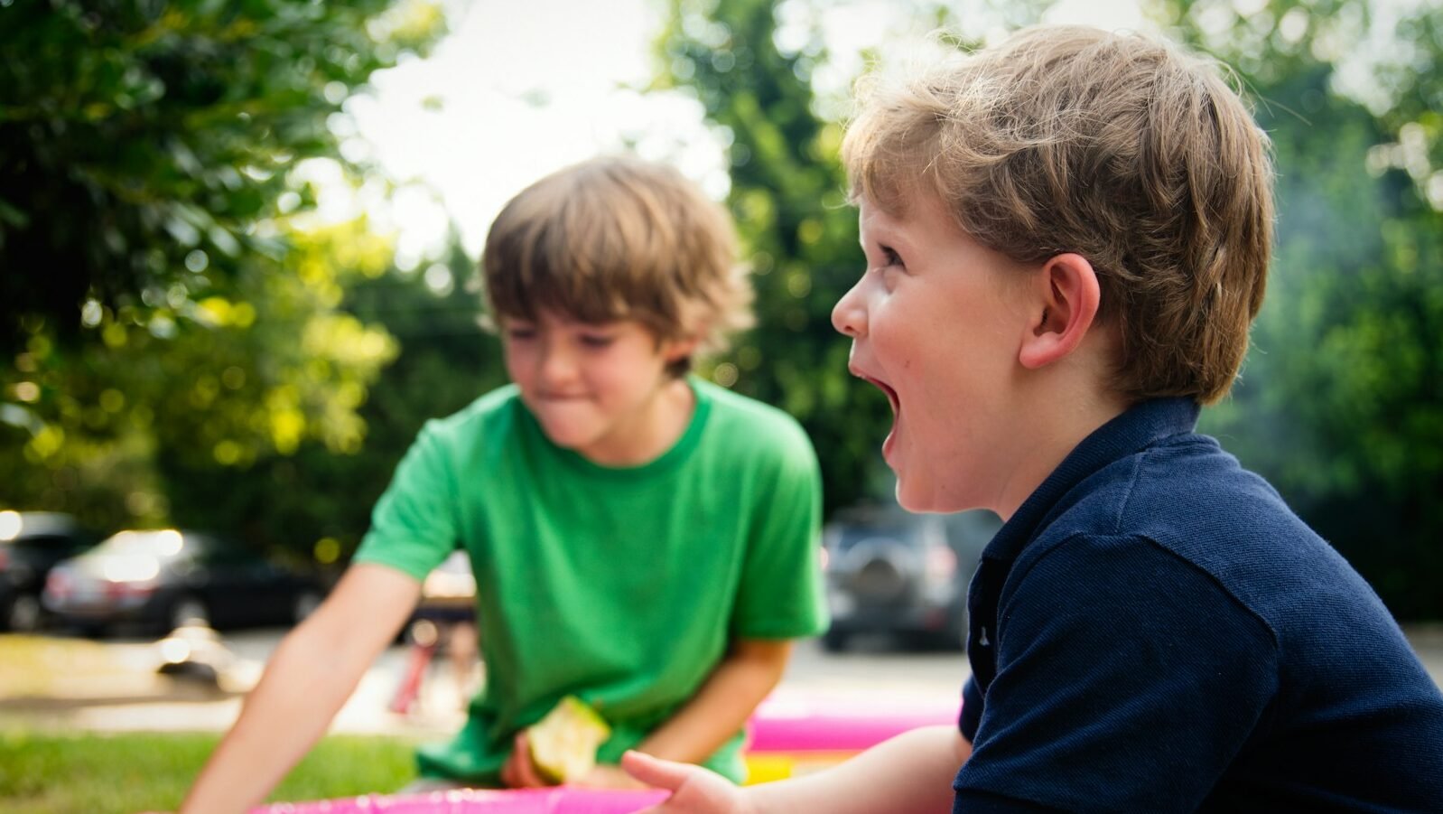 boy in blue shirt screaming near boy in green crew-neck shirt